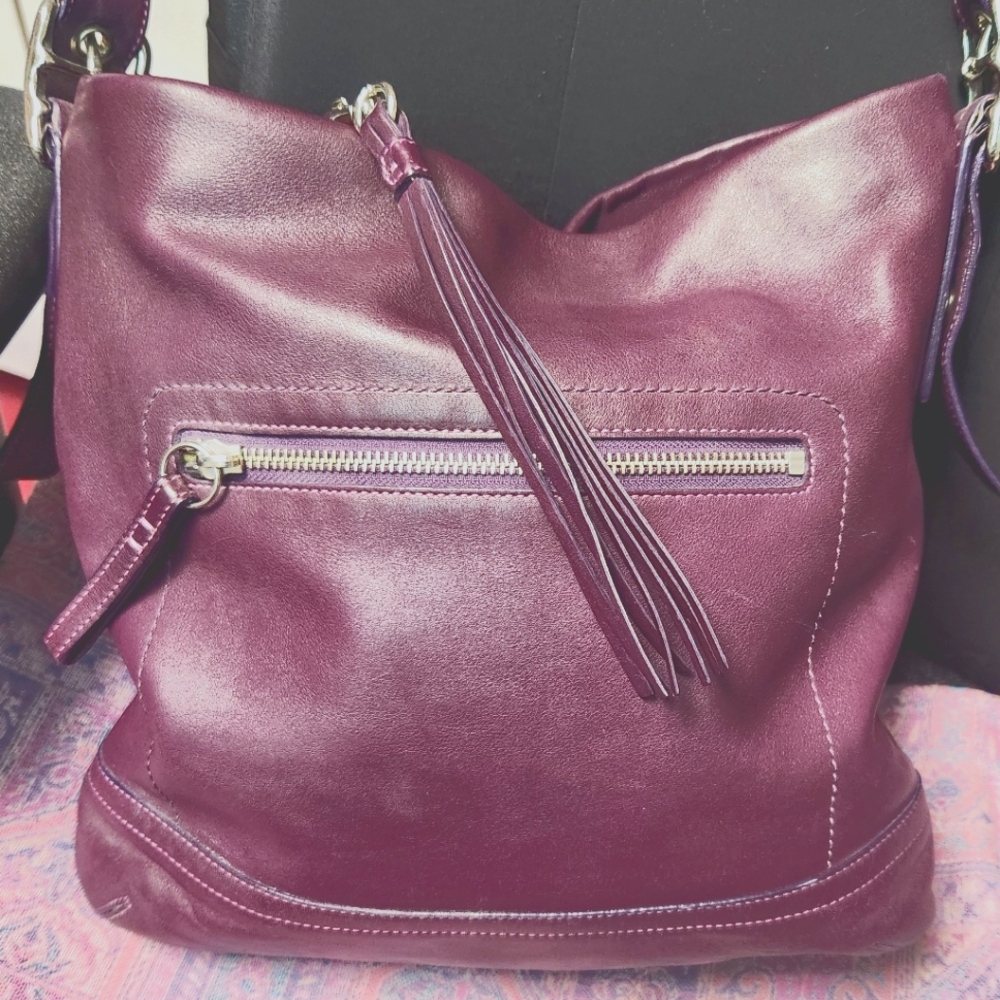 COACH Purple Leather, Cross Body Shoulder Bag, With Fringe Tassel, Silver Buckle